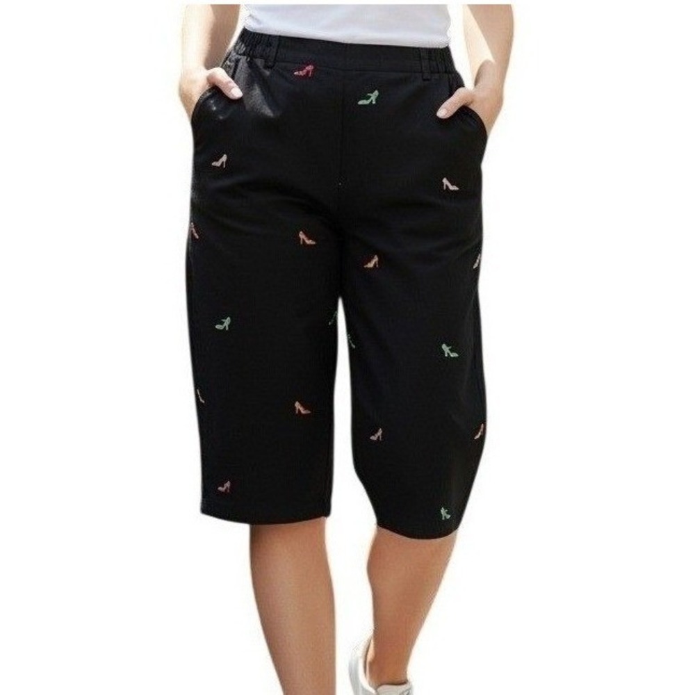 Requirements Black Embroidered High Heel Shoe‎ Cropped Pants Size 14 Side Zip
